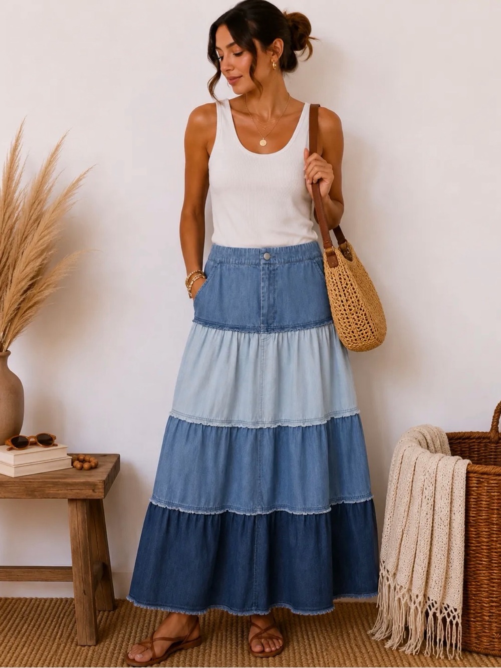 Tiered Denim Ombre Maxi Skirt - Blue